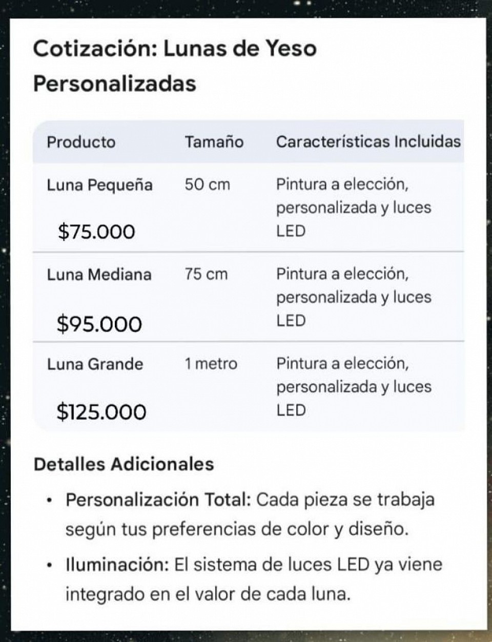 Valores de lunas personalizadas